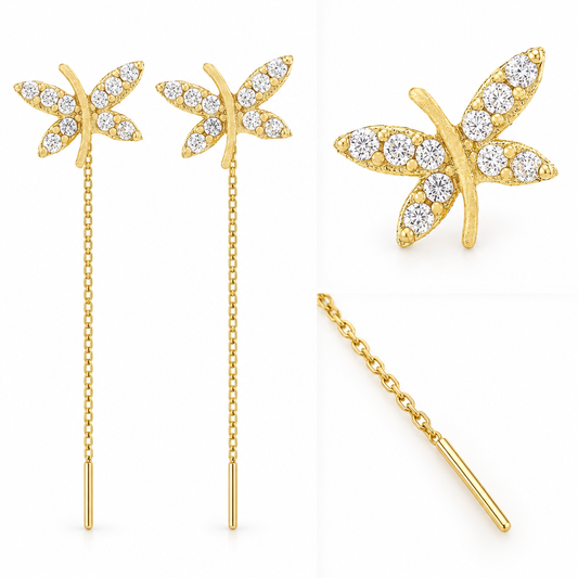 Cercei Aur 14 K cu lantisor "Libelula - pietre zirconia"