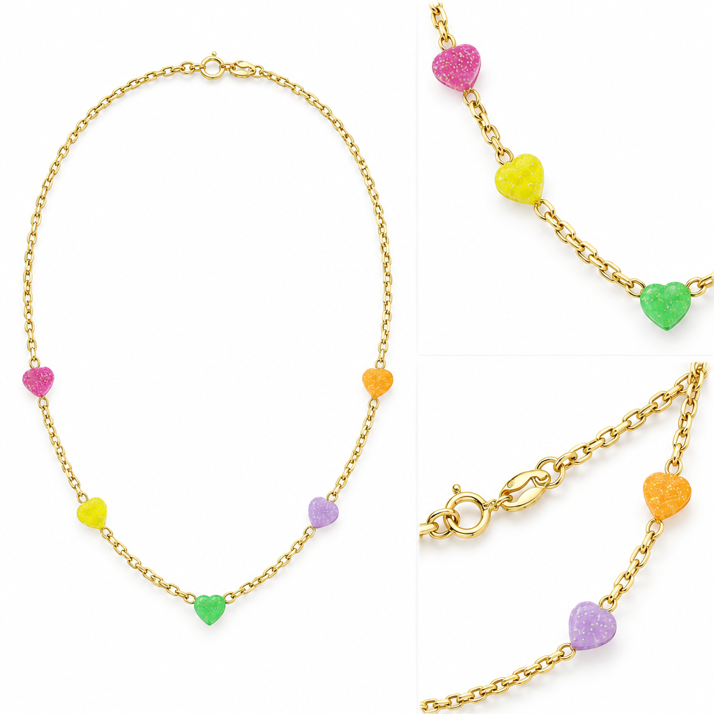 Lantisor Aur 14K copii " 5 Inimioare Colorate"