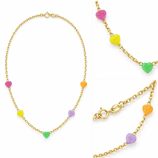 Lantisor Aur 14K copii " 5 Inimioare Colorate"