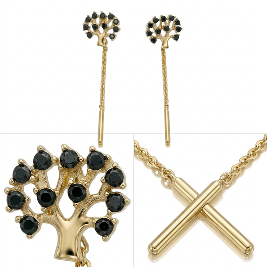 Cercei Aur 14K Pomul Vietii Black cu lantisor