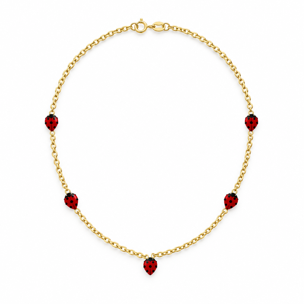 Lantisor Aur 14 K copii "5 Gargarite rosii"