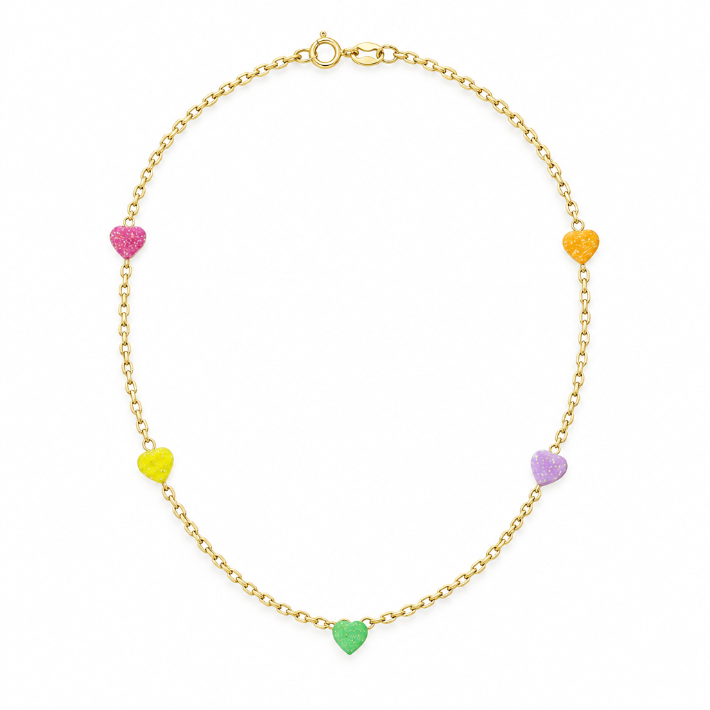Lantisor Aur 14K copii " 5 Inimioare Colorate"