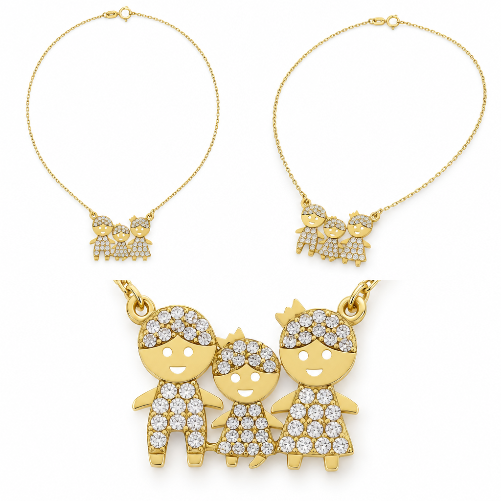 Lantisor Aur 14K Familia"Tata, Mama si Fetita" cu pietre zirconia