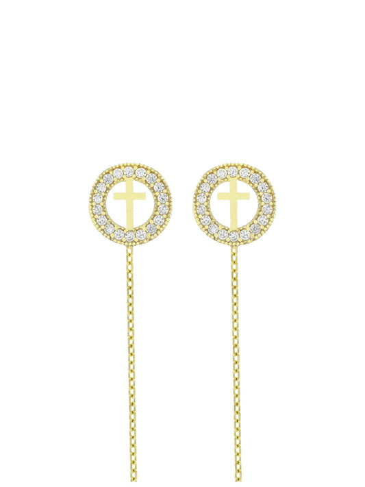 Cercei cu lantisor "Rotund cu Cruciulita - pietre zirconia"